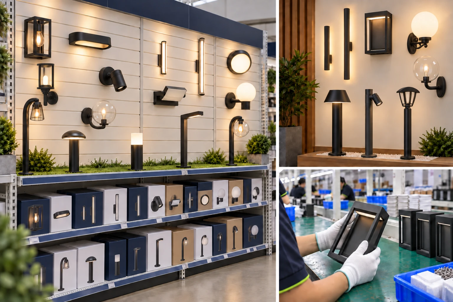Outdoor lights on retail shelves, showroom display and inspection illustration